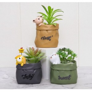 新中式田园风仿纸袋多肉盆栽容器创意可爱花盆树脂工艺装饰品摆件